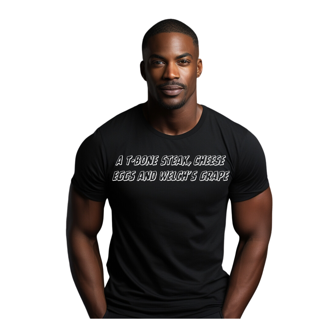 A T-bone steak cheese eggs and Welch's grape